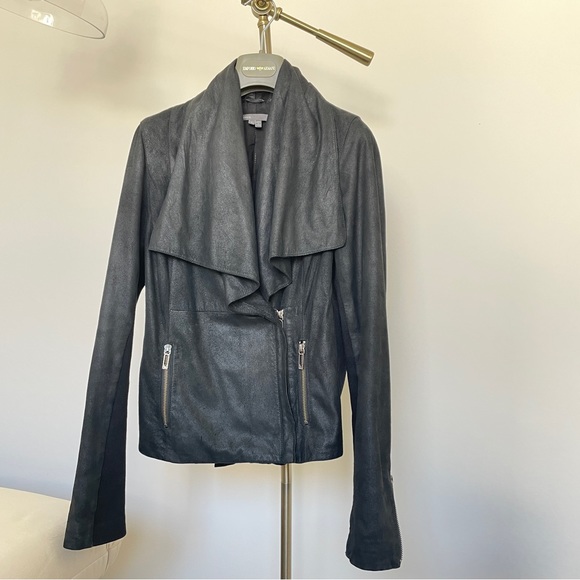 Vince Moto Leather Jacket with Ribbed Panels - Picture 1 of 16
